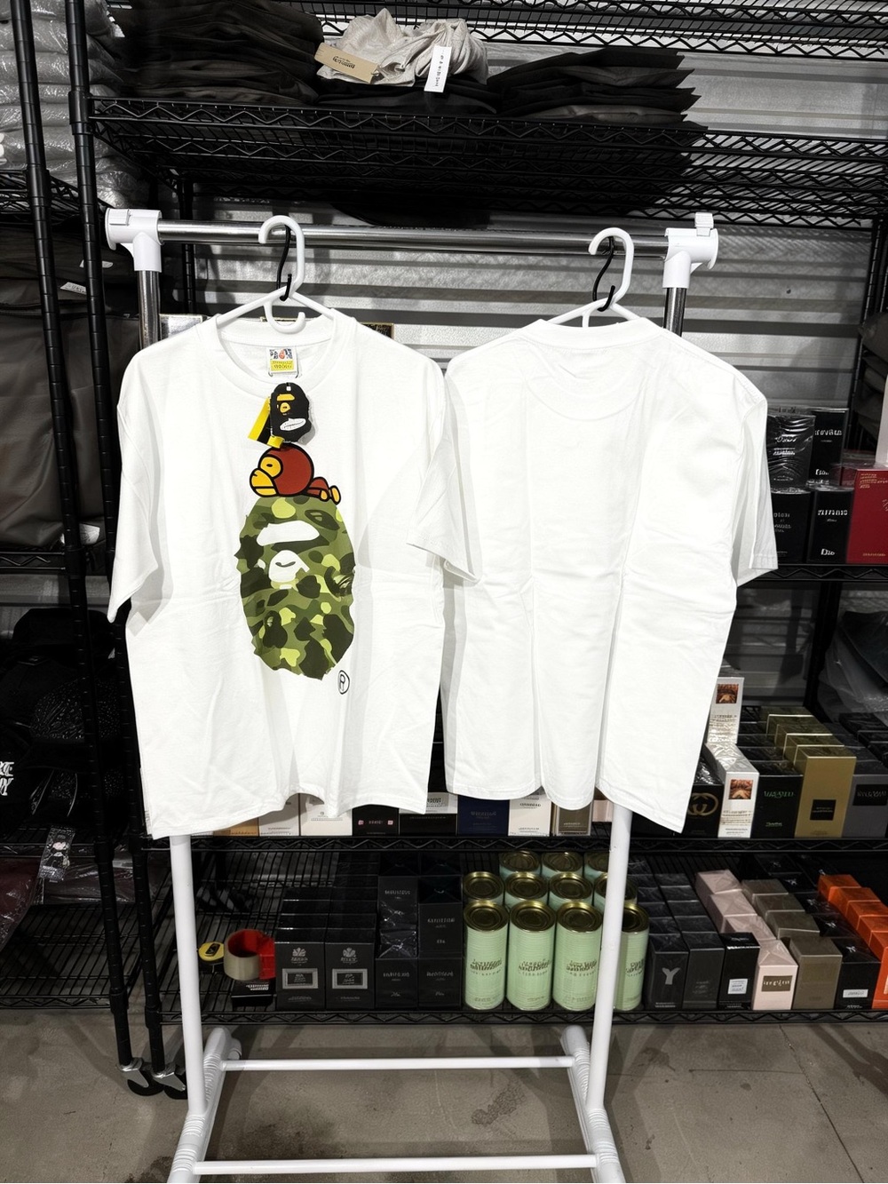 White Graphic Tee with Camouflage Ape Print